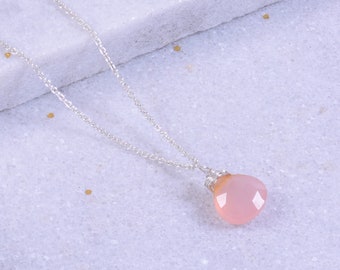 Pink Chalcedony Necklace, Pink Faceted Gemstone Necklace, Sterling Silver Necklace, Gemstone Necklace, Bridesmaids Necklace,Pink Necklace