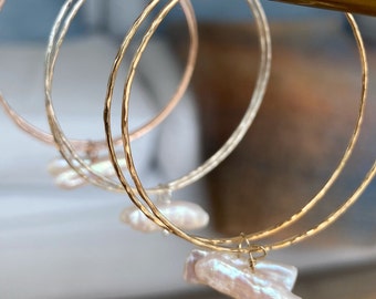 Big pearl hoop earrings, Pearl hoops with freshwater pearls, silver, gold fill rose gold fill