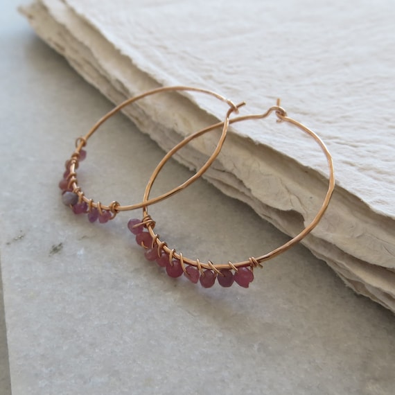 Rose Gold Fill Hoop Earrings with Tiny Faceted Rubies
