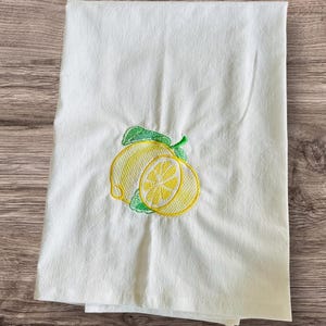 Embroidered Lemon Dish Towel: Cotton Flour Sack, Summer Kitchen Decor