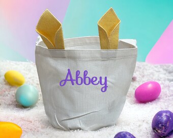 Personalized Linen Easter Basket: Embroidered Bunny Ears