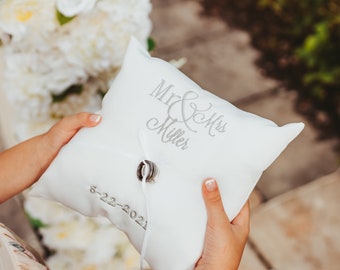 Personalized Embroidered White Satin Ring Pillow