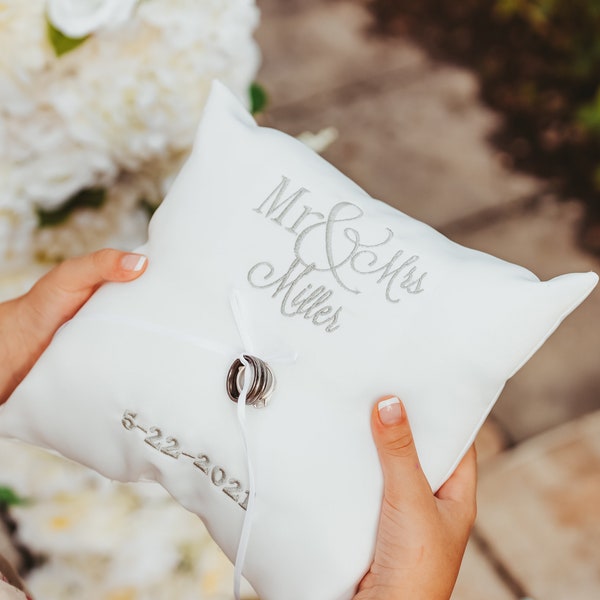 Personalized Embroidered White Satin Ring Pillow