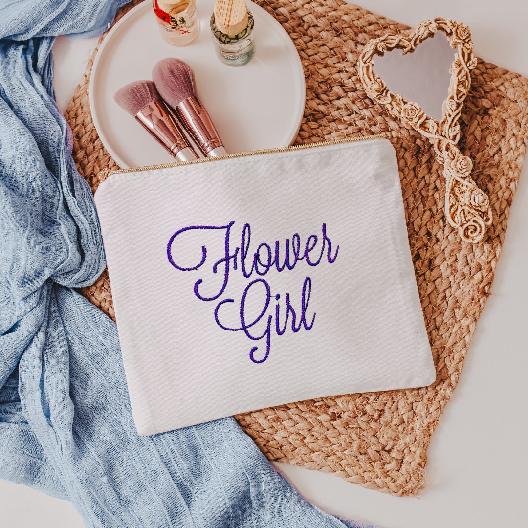 Flower Girl Makeup Bag, Personalized Bridal Party Gift, Embroidered