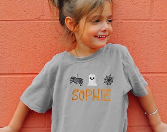 Custom Embroidered Halloween Kids T-Shirt: Ghost & Spider Personalized Tee