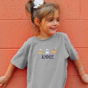 Custom Embroidered Halloween Kids T-Shirt: Ghost, Pumpkin & Candy Corn