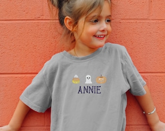 Custom Embroidered Halloween Kids T-Shirt: Ghost, Pumpkin & Candy Corn