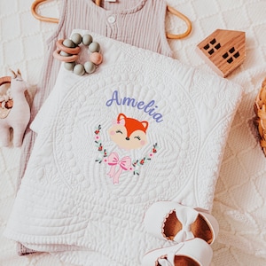 Personalized Fox Embroidered Baby Blanket, Heirloom Baby Quilt, Baby Shower Gift, Gift for New Baby