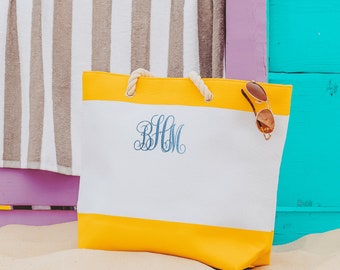 Personalized Beach Bag, Custom Beach Bag, Yellow Beach Bag, Embroidered Tote Bag, Canvas Beach Bag, Gift For Her