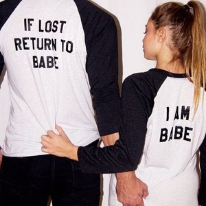 If Lost Return to Babe Couples Raglan Baseball Shirts, Matching Couples Shirt Set, Customized Shirt Set image 1