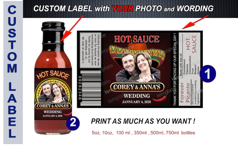 Mexican favors Customized hot sauce labels for wedding Fiesta food labels Muchas Gracias labels Tapatio Wedding hot sauce labels
