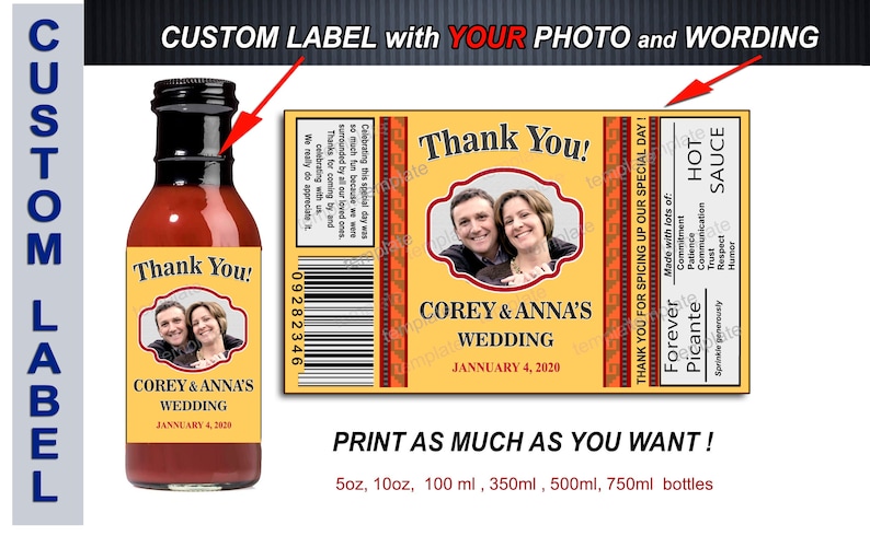 Mexican favors Customized hot sauce labels for wedding Fiesta food labels Muchas Gracias labels Tapatio Wedding hot sauce labels