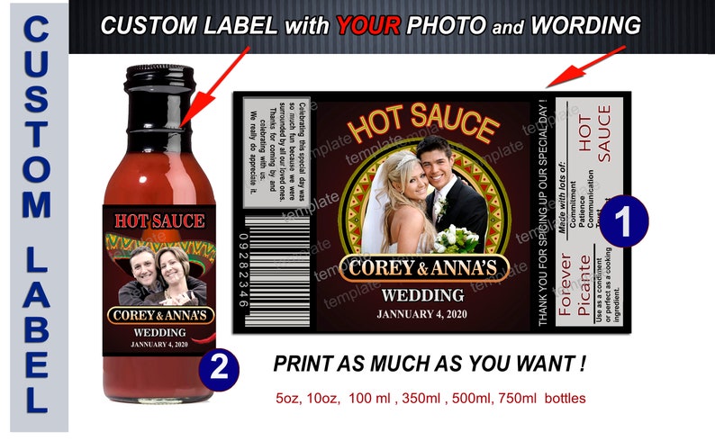 Mexican favors Customized hot sauce labels for wedding Fiesta food labels Muchas Gracias labels Tapatio Wedding hot sauce labels