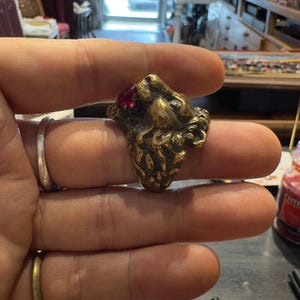 K&ouml;nnte beinhalten: Ein bronzefarbener Ring mit einem detaillierten L&ouml;wenkopf mit einem roten Edelstein im Maul. Der Ring hat eine strukturierte Oberfl&auml;che und eine Vintage-&Auml;sthetik, geeignet f&uuml;r ein auff&auml;lliges Schmuckst&uuml;ck.