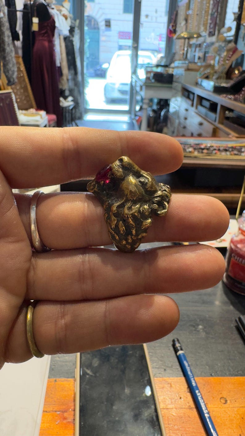 K&ouml;nnte beinhalten: Ein bronzefarbener Ring mit einem detaillierten L&ouml;wenkopf mit einem roten Edelstein im Maul. Der Ring hat eine strukturierte Oberfl&auml;che und eine Vintage-&Auml;sthetik, geeignet f&uuml;r ein auff&auml;lliges Schmuckst&uuml;ck.