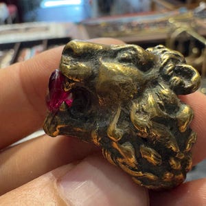 K&ouml;nnte beinhalten: Nahaufnahme eines Messing-L&ouml;wenkopfrings mit einem roten Edelstein. Der Ring weist aufwendige Details auf, die die M&auml;hne und Gesichtsz&uuml;ge des L&ouml;wen hervorheben. Der Ring wird in einer Hand gehalten.