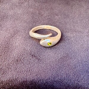 Può includere: Un anello a forma di serpente in argento con un occhio di pietra preziosa verde.
