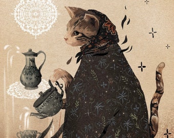 Babushka cat illustration print