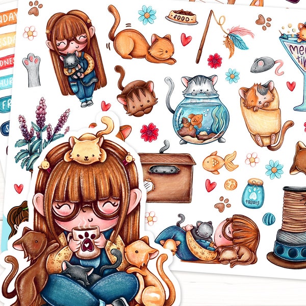 Kattenstickers - Cleo de Cat Lady stickervellen voor planners en dagboeken