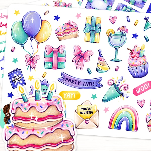 Happy Birthday Stickers - Birthday Planner Stickers, Birthday Cake, Celebration Kit