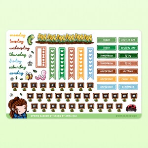 May include: A set of colorful stickers featuring a spring garden theme. The stickers include days of the week, numbers, and various garden elements like tulips, bees, ladybugs, and a caterpillar. The text "SPRING GARDEN STICKERS BY ANNA RAE" is at the bottom of the sheet.