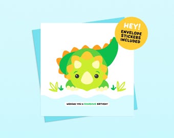 Dinosaur Children's Birthday Card - Handmade Illustrated Greetings Card (Envelope and Stickers Included)