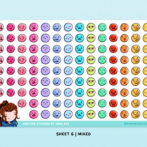 May include: A sheet of 100 colorful round stickers with different cartoon faces expressing various emotions. The stickers are arranged in rows and columns on a white background. The text "EMOTION STICKERS BY ANNA RAE" and "SHEET 6 | MIXED" is printed at the bottom of the sheet.
