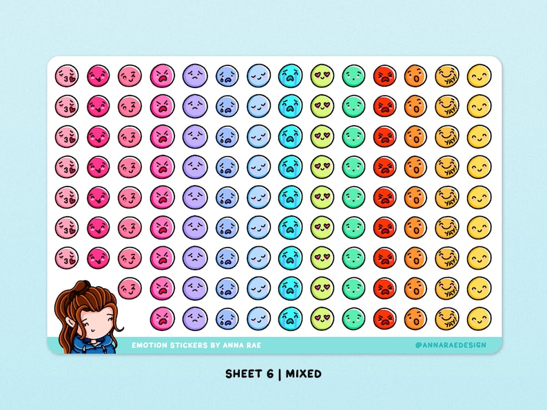 May include: A sheet of 100 colorful round stickers with different cartoon faces expressing various emotions. The stickers are arranged in rows and columns on a white background. The text "EMOTION STICKERS BY ANNA RAE" and "SHEET 6 | MIXED" is printed at the bottom of the sheet.