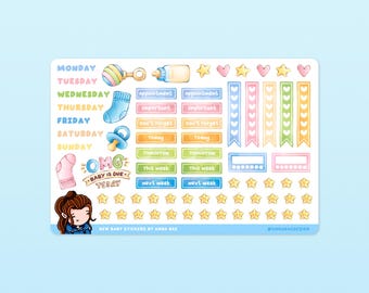 Op de afbeelding: Een vel met kleurrijke stickers met babythema's, waaronder een speen, een rammelaar, een sok, een fles en een ster. De stickers zijn bedoeld voor gebruik in een planner of dagboek. De tekst op de stickers luidt "OMG Baby is due today".