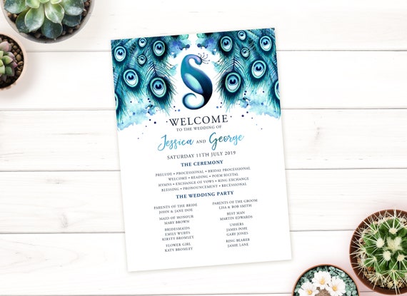 Peacock Wedding Program Printable Program Template Etsy