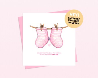 New Baby Girl Socks Handmade Greetings Card – Minimalist Illustrated Card for New Parents (Envelope and Stickers Included)