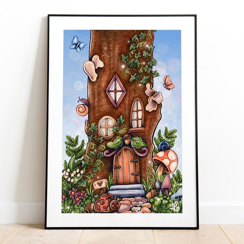 Enchanted Forest Magical Treehouse Wall Art - Fairy House Illustration, Children’s Bedroom Wall Art, Nursery Home Decor