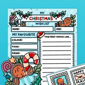 Kit de Carta a Papá Noel: lista de deseos navideños y juego de escritura de cartas para niños que incluye colgador de puerta, sobre, pegatinas y lápiz