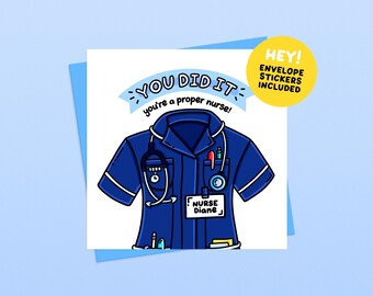 Student Nurse Graduation Card (Navy Tunic) - Handmade Illustrated Greetings Card (Envelope and Stickers Included)