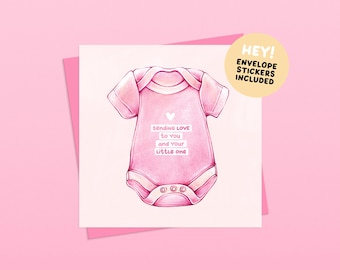 New Baby Girl Onesie Handmade Greetings Card – Minimalist Illustrated Card for New Parents (Envelope and Stickers Included)