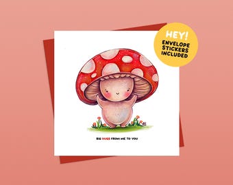 Big Hugs Mushroom Card - Handmade Illustrated Greetings Card (Envelope and Stickers Included)