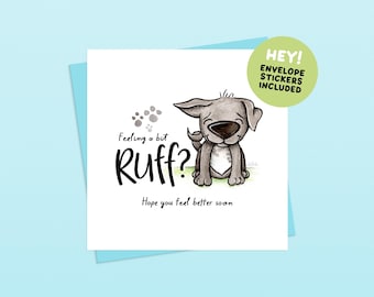 Get Well Soon - Happy Staffy Handmade Funny Dog Illustrated Greetings Card (Envelope and Stickers Included)