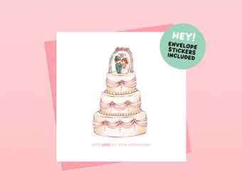 Wedding Day Card - Handmade Illustrated Greetings Card (Envelope and Stickers Included)