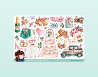May include: A set of watercolor wedding day stickers featuring a variety of illustrations, including a wedding cake, a car with "Just Married" on the back, a bouquet of flowers, a horseshoe, a champagne bottle, a wedding dress, a groom's suit, a heart-shaped balloon, wedding bells, a camera, a sign that says "Wedding this way to", and a couple in a wedding arch. The stickers are on a white background.