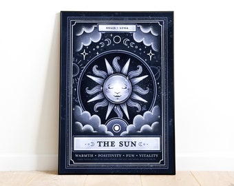 May include: Framed art print with a celestial theme. It features a smiling sun surrounded by stars, moons, and clouds. The text "THE SUN" is displayed below, with keywords like "WARMTH" and "VITALITY". The color scheme is navy blue and white.
