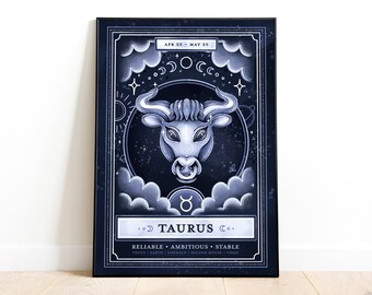 May include: A blue and white illustrated poster with a Taurus zodiac sign. The poster features a bull's head with a starry background and the text "APR 20 - MAY 20", ".. TAURUS CO.", "RELIABLE * AMBITIOUS * STABLE", "VENUS | EARTH | EMERALD | SECOND HOUSE | FIXED".