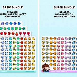 May include: Two sets of colorful emoji stickers, one labeled "Basic Bundle" and includes anger, anxiety, happy, and sadness, and the other labeled "Super Bundle" and includes the basic bundle plus various emotions.