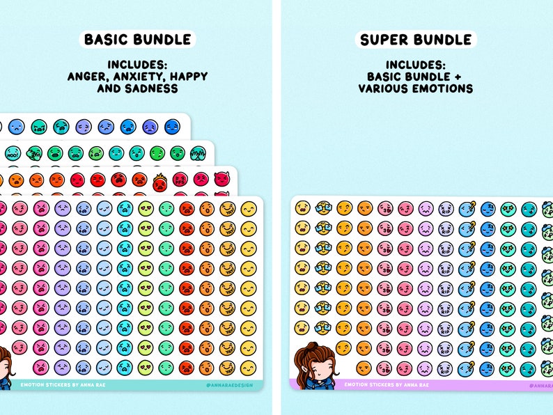 May include: Two sets of colorful emoji stickers, one labeled "Basic Bundle" and includes anger, anxiety, happy, and sadness, and the other labeled "Super Bundle" and includes the basic bundle plus various emotions.
