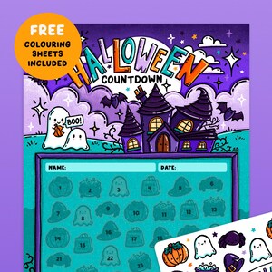 Peut inclure: Un tableau de compte à rebours d'Halloween avec un schéma de couleurs violet, bleu et vert. Le tableau représente une maison hantée, des fantômes et des étoiles. Le tableau comporte 23 espaces pour des autocollants. Le texte "HALLOWEEN COUNTDOWN" est en haut du tableau. Le texte "FREE COLOURING SHEETS INCLUDED" est dans un cercle jaune en haut à gauche du tableau.