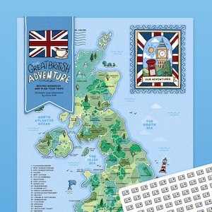 Può includere: Una mappa illustrata della Gran Bretagna con la scritta "Great British Adventure". Presenta illustrazioni di monumenti e un francobollo con il Big Ben. Progettata per registrare ricordi e pianificare viaggi.