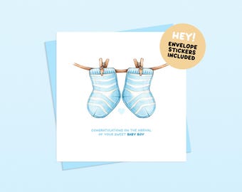 New Baby Boy Socks Handmade Greetings Card – Minimalist Illustrated Card for New Parents (Envelope and Stickers Included)