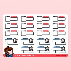 May include: A set of 8 planner stickers featuring a deadline calendar and a project is due checklist. The stickers are white with black outlines and red and blue accents. The text on the stickers reads "Deadline" and "Project is Due".