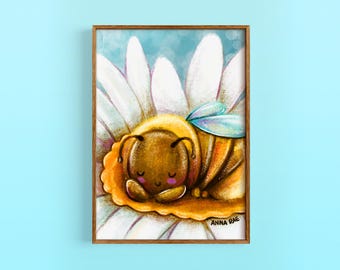Fluffy Bumble Bee Art Print - Bee Wall Art, Cute Home Decor, Hand-Painted