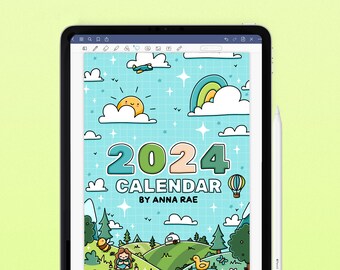 Digital 2024 Calendar - Printable Calendar PDF and Goodnotes File, PNG Stickers included