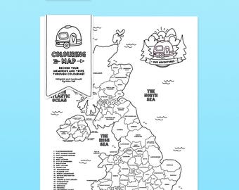 May include: A black and white coloring map of Great Britain with the text "COLOURING >> MAP-> RECORD YOUR MEMORIES AND TRIPS THROUGH COLOURING!" and "OUR ADVENTURES". The map is divided into counties and includes the names of the counties. The map also includes the names of the Irish Sea, the North Sea, and the Atlantic Ocean.